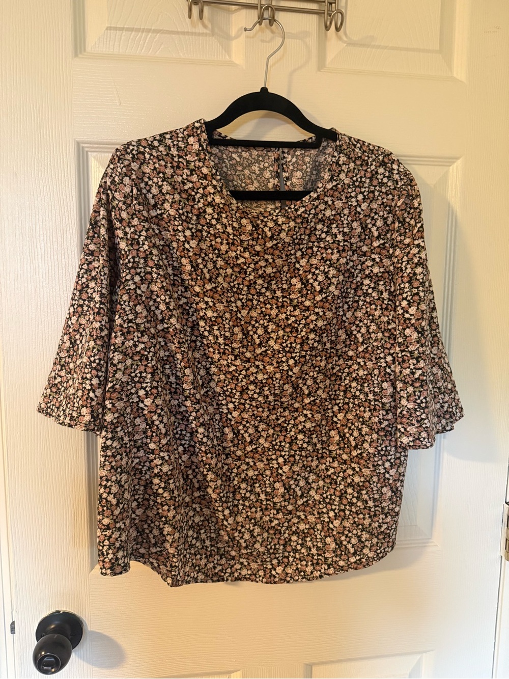SHEIN Black Floral Flutter-Sleeve Blouse with Pink Accents